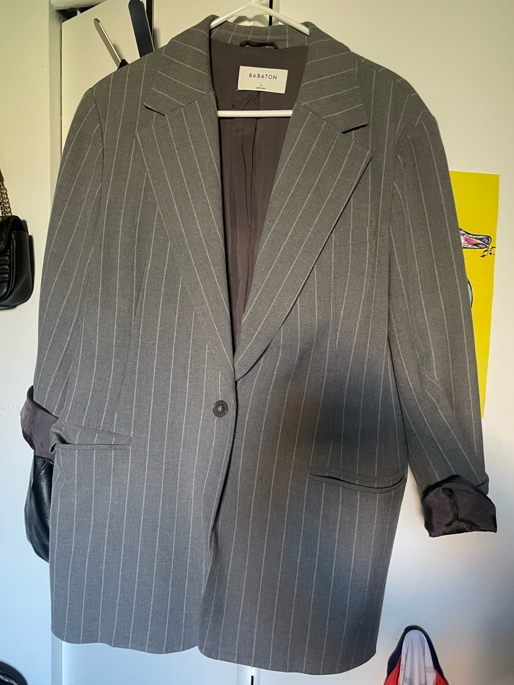 Babaton Gray Pinstripe Oversized Single-Button Blazer